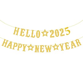New Year's Eve Decoration 2025 Banner Gold, Hello 2025 Happy New Year Lettering Banner, 2025 Happy New Year Hanging Decoration for New Year's Eve Christmas Party Home Bar Outdoor Party Decorations