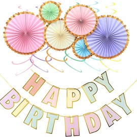 Joyeah Pastel Birthday Party Decorations,Happy Birthday Banner,Bunting,Hanging Paper Fans, Hanging Swirl Decorations Set For Girls And Womens