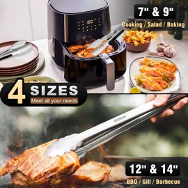 EDDEAS Grill Tongs - BBQ Tongs Heat Resistant 600 Degrees, Heavy Duty Metal, Perfect for Cooking, Grilling, Set of 4, 7",9",12" & 14 inch Black