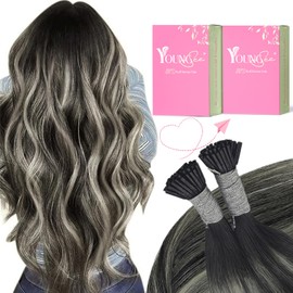 YoungSee I Tip Hair Extensions Human Hair Ombre Black 16 Inch Itip Extensions Real Human Hair Black Balayage with Silver Real Hair Extensions for Women Pre Bonded Hair Extensions 80s/50g