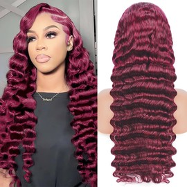 OLFORY Burgundy Lace Front Wigs Human Hair Wigs for Black Women 13x4 HD Transparent Lace Frontal Wigs Human Hair Pre Plucked 200% Density 99j Loose Deep Wave Wigs Red Wine Wig 34 inch