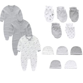 Ecojoy Baby Sleepwear Pack of 3 Newborn Sleepsuit with 5 Hats and Mittens, 0-12 Months Zip Sleep Suit Gray