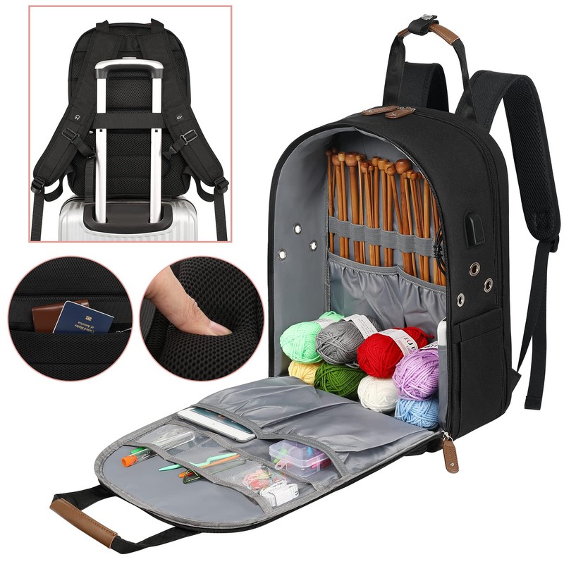 Crochet Bag Backpack,Knitting Bag Backpack and Totes Organizer with USB