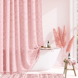 Dynamene 78 Inches Long Shower Curtain, Boho Tufted Geometric Striped Tall Cloth Shower Curtains for Bathroom Decor, Large Hotel Spa Luxury Shower Curtain Set with Hook, Wrinkle Free, Pink, 72x78