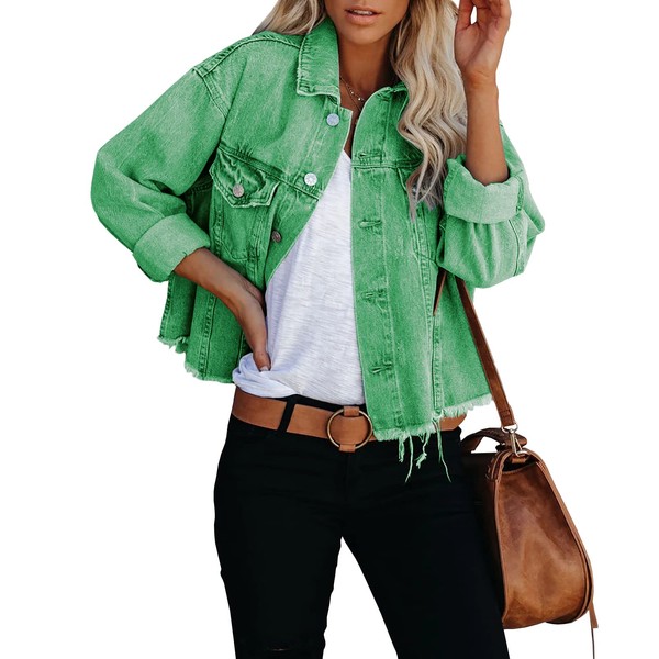 LONGBIDA Women's Jean Jacket Frayed Washed Button Up Cropped Denim