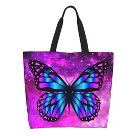 bositigo Purple Butterfly Gym Tote Bags for Women,Cute Butterfly Purse Print Shoulder Reusable Shopping Handbags Casual Travel Work Daily Waterproof Summer Grocery Bag Holiday Gifts -Large