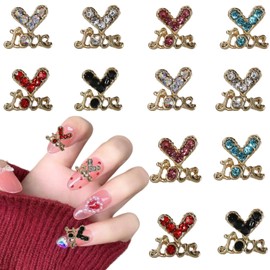 12Pcs 3D Gold Heart Nail Art Charms for Nails Valentine's Day Rhinestone Decals Love Crystal Nail Art Design Stick on Fake Nails Diamond Alloy Nail Gems for Women Girls Valentine's Day