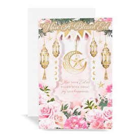 Eid Mubarak-Wishes 3D Eid Greeting Card| Muslims Islamic Religious Festive Celebration| Silver/ Golden Foil-Lovely Traditional Floral, Moon, Star Lantern Patterns (Pink Floral Hanging Moon star)