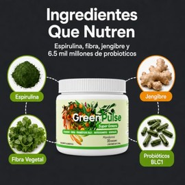 GreenPulse Super Greens Jugo Verde en Polvo Con Probiticos y Enzimas Digestivas - Espirulina, Fibra y Jengibre, 9.2 Kcal, Sin Azcar, Sabor Mandarina, 