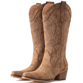 IUV Cowboy Boots For Women Western Cowgirl Boots with Chunky Heel Mid Calf Snip Toe Ideal for low insteps