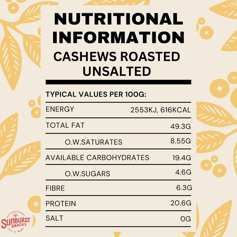 Sunburst Whole Roasted Cashew Nuts, Unsalted 1 kg