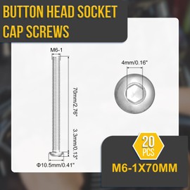 DTGN M6-1x70mm Button Head Socket Cap Screws - 20Pack - Good for Road Bicycle, Mountain Bike, Auto, Motorcycle - 304 Stainless Steel Whitewashed - Hex Socket Drive Fasteners
