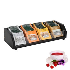 Tea Bag Organizer 4-Compartment Wood & Acrylic Storage Box for Tea Bags for Countertop, Drawer or Cabinet, Gifts for Tea Lovers (Black)
