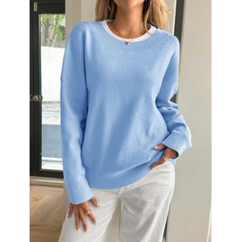 Yousify Womens Crewneck Knit Sweaters Casual Long Sleeve Loose Fit Fall Basic Soft Pullover Jumper Tops Sky Blue
