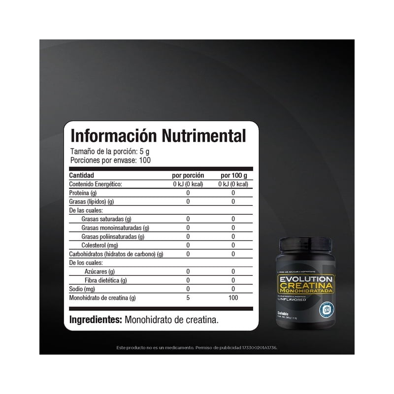 Monohidrato de Creatina Evolution Nutraceutical Bote Natural Soluble 500 Gramos