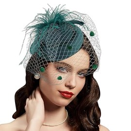 Fascinators Hat Women Tea Party Headband Pillbox Veil Cocktail Mesh Feathers Hair Clip Kentucky Derby Hat Wedding (US, Alpha, One Size, Green)