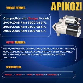 Starter Motor Fit for Dodge Ram 1500 2500 3500 V8 5.7L 05-08#M0T21371