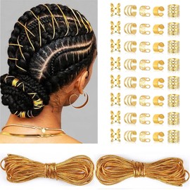 Gold Dreadlock Braids Hair Accessories, 2 Pieces 5M Braiding Hair Deco Styling Shimmer Stretchable African Braid Braided Cord Ornament with 40 Pcs Hai