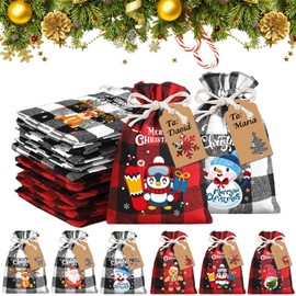 12pcs Small Christmas Candy Gift Bags, Christmas Burlap Gift Bags Christmas Jute Linen Drawstring Bags Sack Pouch with Tags for Christmas Supplies