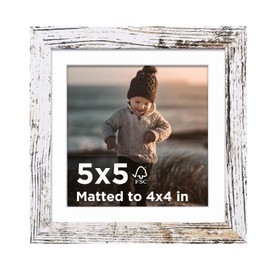 KINLINK 5x5 Picture Frame Rustic White Set of 1, Wooden Square Photo Frame Matted 4x4 with Plexiglass for 4x4 with Mat or 5x5 without Mat for Table and Wall Display