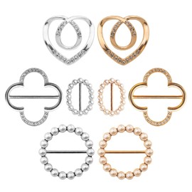 Atarasia 8-Pack Cute Scarf Ring, Premium Shirt Tie Clips for Women Clothing accessories, 4 Elegant Styles T-shirt Waist Cinch Clip Buckles with Rhinestone Accents (Gold/Silver)