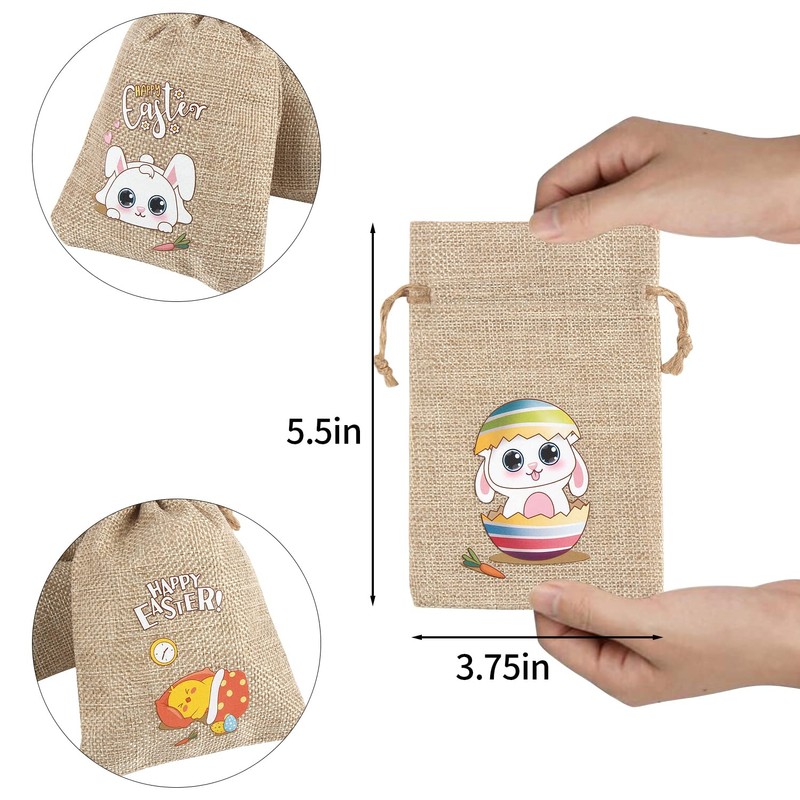 LOKIPA 12 Easter Jute Burlap Gift Bags with Drawstring,Small Easter