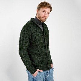 SAOL Men's Aran Cable Shawl-Collar Cardigan (Army Green, XXLarge)