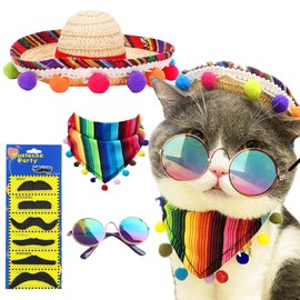 GallaRato Mexican Pet Costume Multicolor Cinco De Mayo Cat Bandana 9 PCS Mexican Dog Triangle Bib Mexican Pet Bandanna Sunglasses Mexico Dog Sombrero Hat Pet Mustache Decoration for Dog