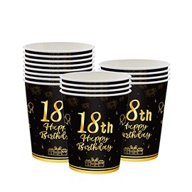 18th Birthday Paper Cups Black Gold ,16Pcs Birthday Tableware Party Cups Disposable,Happy 18th Birthday Table Decorations Cup Birthday Gifts for Girls,Boys,Him,Her 18th Birthday Party Decor Supplies