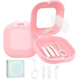 HEMILAB® Retainer Case with Mirror, Slim Aligner Case with Vent Holes, Compatible with Invisalign, Mouth Guard Box with Retainer Removal Tool, Pink