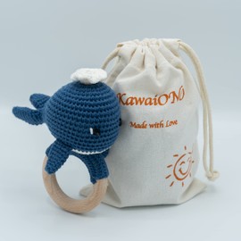 KawaiOnO Handmade Cotton Crochet Amigurumi Rattle - Educational Baby Stuff for New Moms, Stuffed Animals for Infants, Baby Boy Stuff - Blue Whale with Wooden Handle - Perfect for Newborns and Toddlers