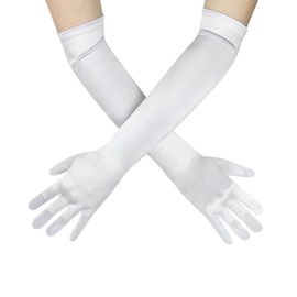 Feelorna Long Opera Party Gloves for Women, Fashion Party Gloves Costume Elbow Length Stretchy Satin Glove (White, One Size)
