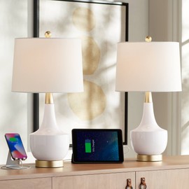 360 Lighting Nesbit 25" High Mid Century Modern Table Lamps Set of 2 USB Port White Gold Ceramic Metal Fabric Shade Living Room Charging Bedroom Bedside Nightstand House Office Home Reading Kitchen