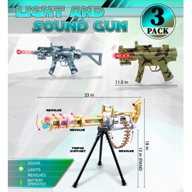 Mozlly Military Combat Force Light Up LED Toy Gun Set of 3 – 1 Gatling Revolving Gun, 2 Camouflage Machine Guns with Sounds and Lights – Pretend Play Dress Up Costume Accessories - Colors May Vary