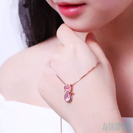 ALOHAMONI Pink Opal Necklace Cat Rabbit Design Cubic Zirconia CZ Diamond Pink Gold Chain Silver 925 Pink Opal Length 45cm