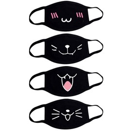 Fashionapple Pack of 4 Face Masks Anime Cartoon Mask Unisex Cotton Anti-Dust Fashion Kawaii Cute Mouth Guard Reusable Emotion Mask Black with Motif, Pack of 4 - A.