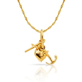 Ioka 14K Yellow Gold Faith, Hope, and Charity Lucky Charm Pendant with 0.9mm Singapore Chain Necklace - 22"