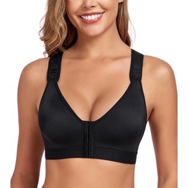 Exclare Front Closure Sports Bra for Women Wirefree Non Padded Racerback Post Surgery Yoga Workout Brassiere (Black,32B/C)