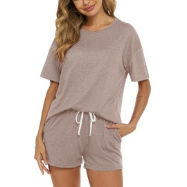 LOCUBE Women's Pajama Set Short Sleeve Top and Drawstring Shorts with Pockets, Soft Stretchy Comfy Loungewear Sleepwear (Camel, Medium)