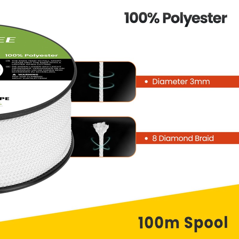 Brotree Polyester Rope 3mm x 100m White - Diamond Braided