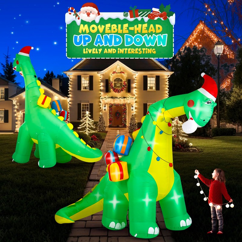 Calmbee 10 FT Christmas Inflatables Decoration, Giant Movable-Head Dinosaur with
