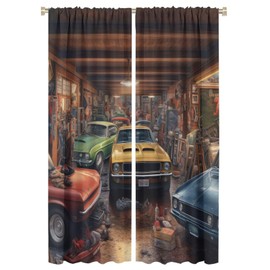 Rustic Car Blackout Curtains, Cartoon Retro Barn Farmhouse Vintage Antique Old Car Decor Window Treatments 2 Panels Curtain for Man Boy Bedroom Living Room Kitchen Garage Office Drapes 42x63in
