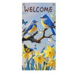 BlissYard Spring Door Banner Welcome Spring Door Sign with Bluebirds and Daffodils Backdrop 70x35 Inch Seasonal Welcome Decoration Spring Door Cover Hanging Sign for Porch Garden Entryway