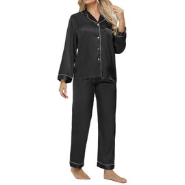 DOLOS Silk Pajamas for Women Set Button Down Satin Pajama Set for Women Long Sleeve 2 Piece Lounge Set Pjs Sleepwear (Black, Small)