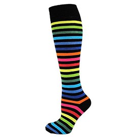 Macahel Ladies Girls Striped Knee high Socks 4-8 (Dark Rainbow)