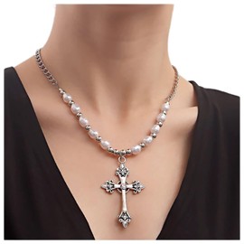Inilbran Punk Kreuz Anhänger Halskette Silber Perle Choker Halskette Vintage Jesus Kreuz Halskette Kette Gothic Kreuz Halskette Halskette Schmuck für Frauen und Mädchen