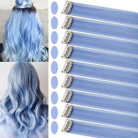 MQY COLOR 9 PCS 21 inch coloured hair accessories, wig parts, clip in coloured hair extensions for girls, highlights, synthetic, long, straight, colourful hairpieces for children, women, light blue