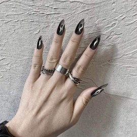 Allereya Long Almond Shaped Press On Nails Gothic Flame Gradient Fake Nails Black Ombre Clip On Nails Full Cover Acrylic Nails Tips False Nails Art for Women and Girls Pack of 24