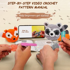 Jadeshay Kit de ganchillo para principiantes, 2 unidades, Kit de animales de ganchillo de Zorro y mapache Amigurumi para adultos y niños para principiantes, tutoriales en video paso a paso
