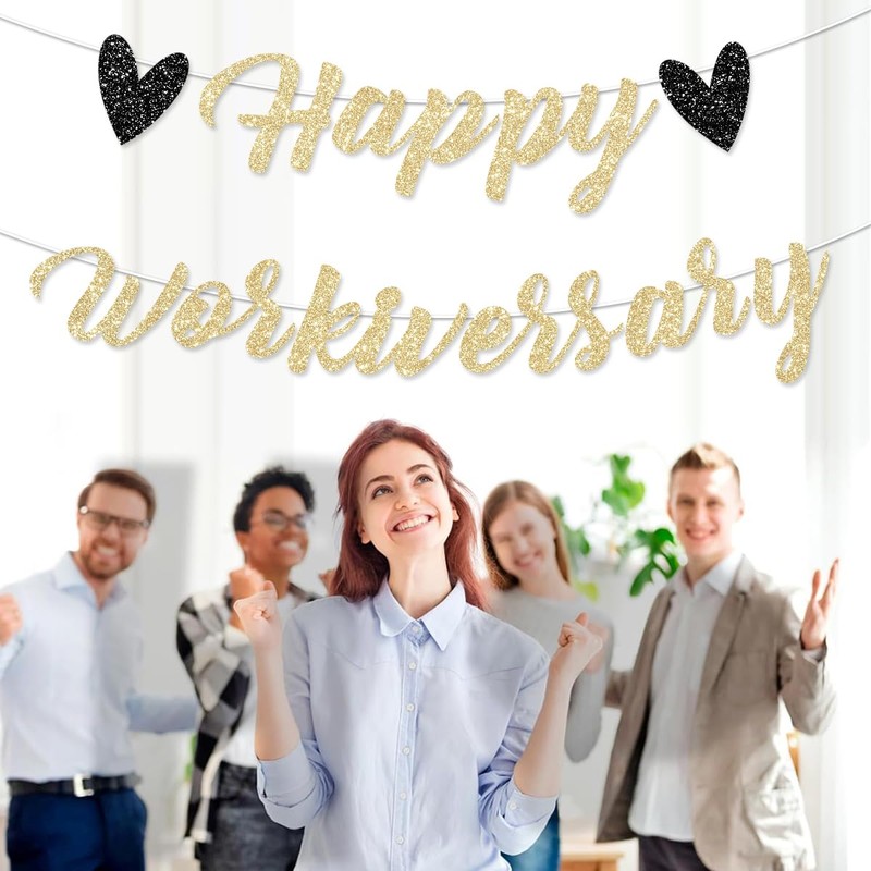 FHGG Pre-Strung Happy Work Anniversary Decorations Banner Gold Glitter Workiversary